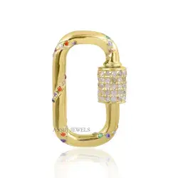 14K Yellow Gold Plated Diamond Screw Multi Cubic Zirconia Square Carabiner Lock Jewelry