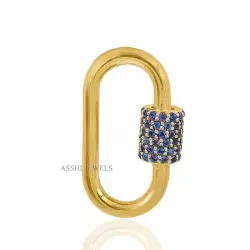 14K Yellow Gold Blue Sapphire Screw Carabiner Lock Jewelry