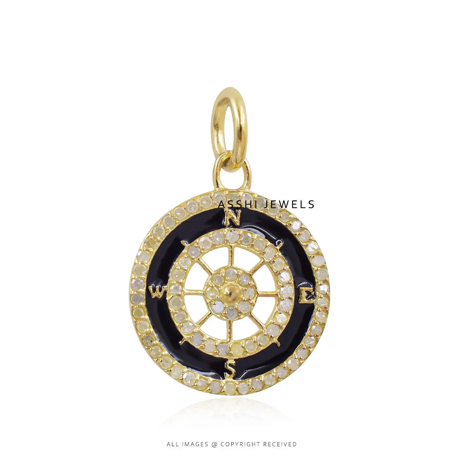 14K Yellow Gold Plated Enamel Diamond  Compass Charms Jewelry