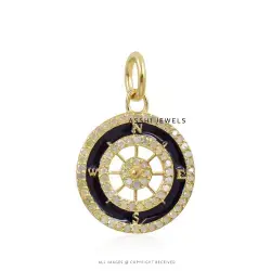 14K Yellow Gold Plated Enamel Diamond  Compass Charms Jewelry