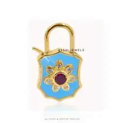 14K Yellow Gold Plated Sky Blue Enamel Cubic Zirconia Padlock Jewelry