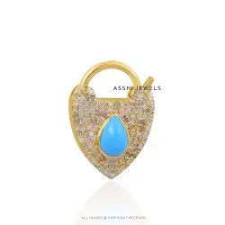 14K Yellow Gold Plated Diamond & Turquoise One Side Openable Heart Padlock