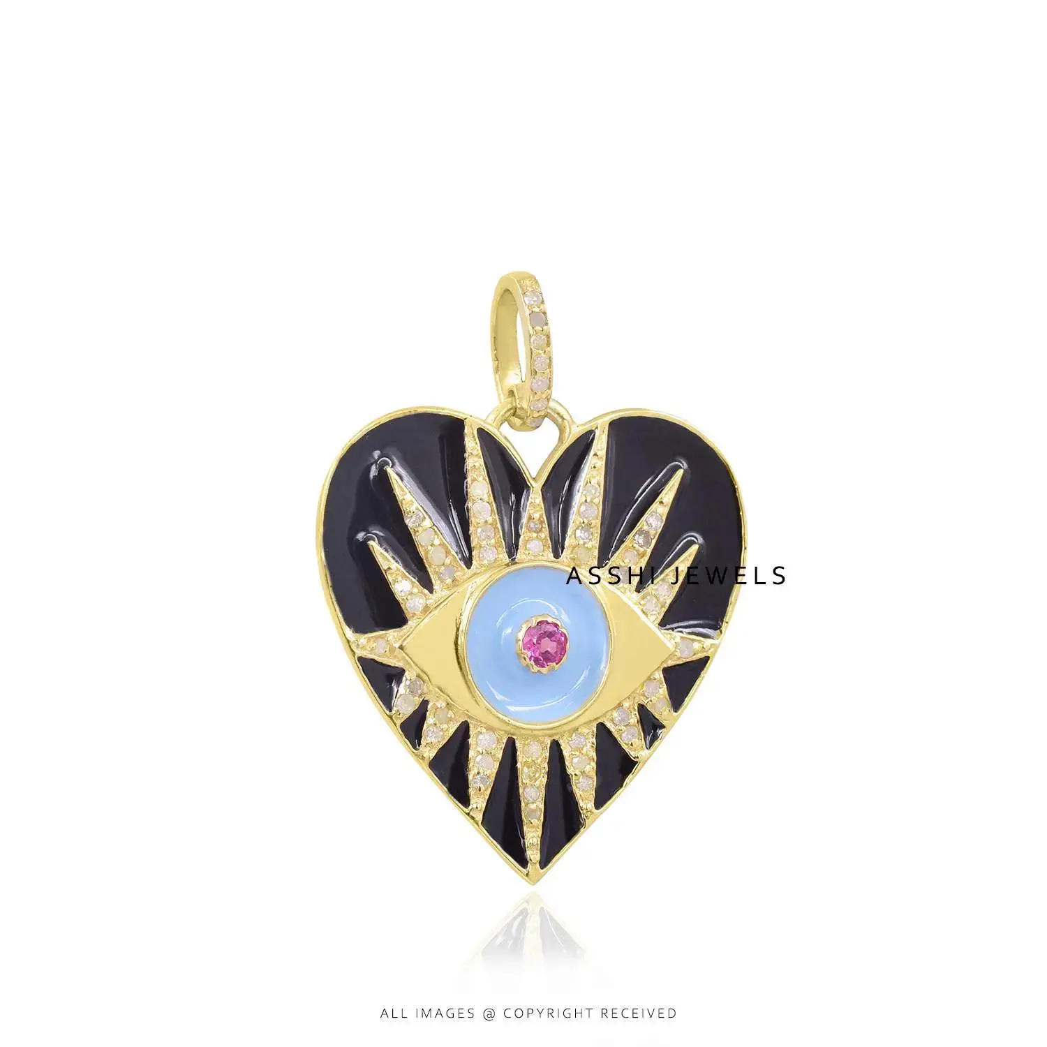 14K Yellow Gold Plated Diamond Enamel Heart Pendant Evil Eye