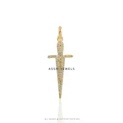 14K Yellow Gold Plated Diamond Cross Sword Pendant Jewelry