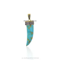 14K Yellow Gold Plated  Turquoise &  Diamond  Horn Pendant Jewelry
