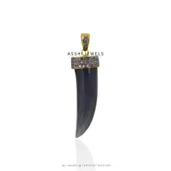 14k Yellow Gold Plated Diamond & Black Onyx Horn Pendant Jewelry