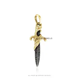 14k Yellow Gold Plated Black Spinel Sword Lucky Pendant Talwar Waves Dagger Amulet Jewelry