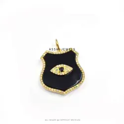 14K Yellow Gold Plated Diamond Blue Sapphire Black Onyx Shield Pendant Jewelry