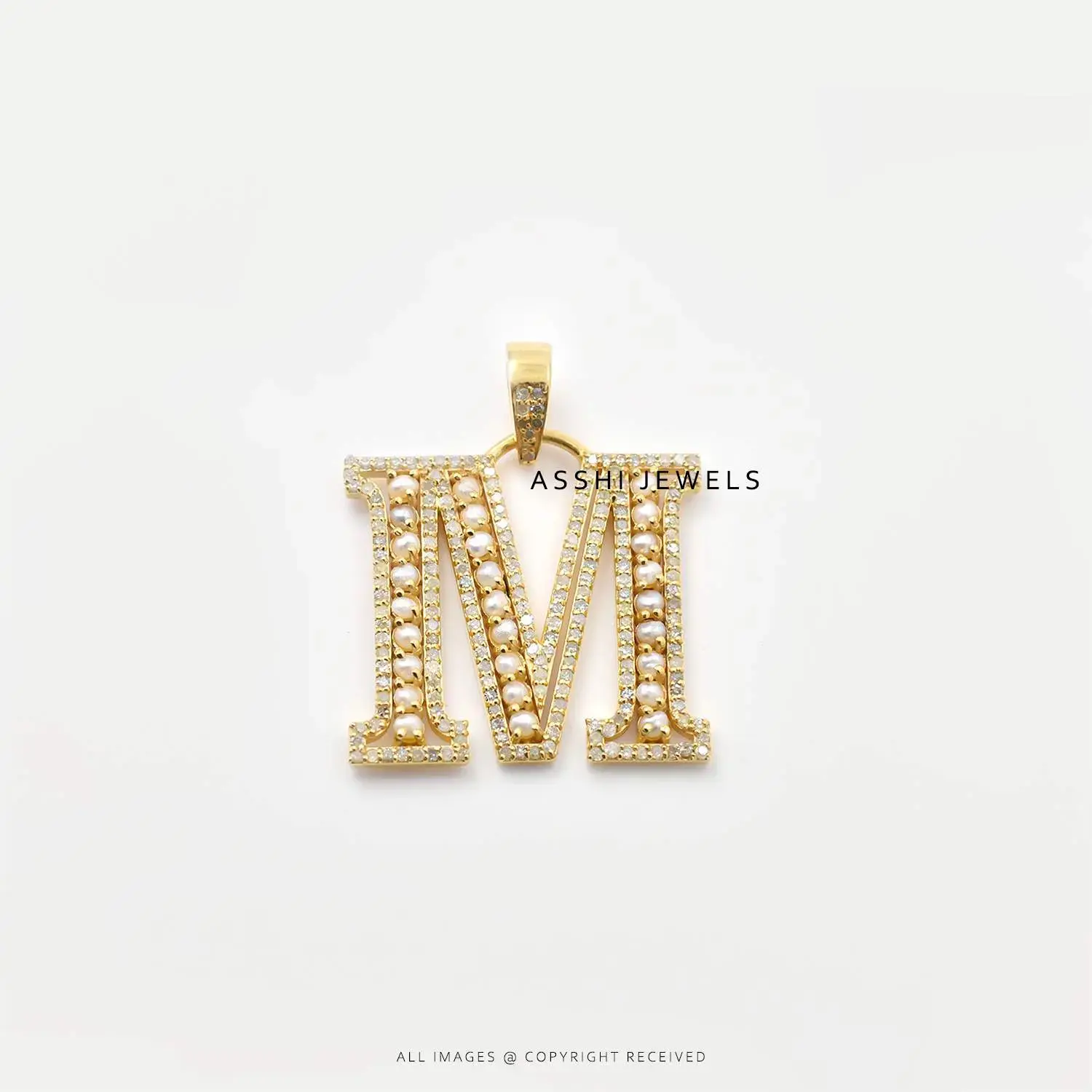 14k Yellow Gold Plated Pearl  Diamond M  Letter Pendant Jewelry