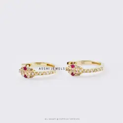 14K Yellow Gold Diamond & Ruby Snake Hoop Earring Jewelry