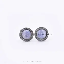 925 Silver Diamond Rainbow Moonstone Stud Earring Jewelry