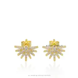 14K Yellow Gold Diamond Flower Shape Earring Floral Jewelry