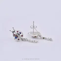 925 Silver Ladybug Insect Double-Cut Diamond Chain Drop Earring Jewelry