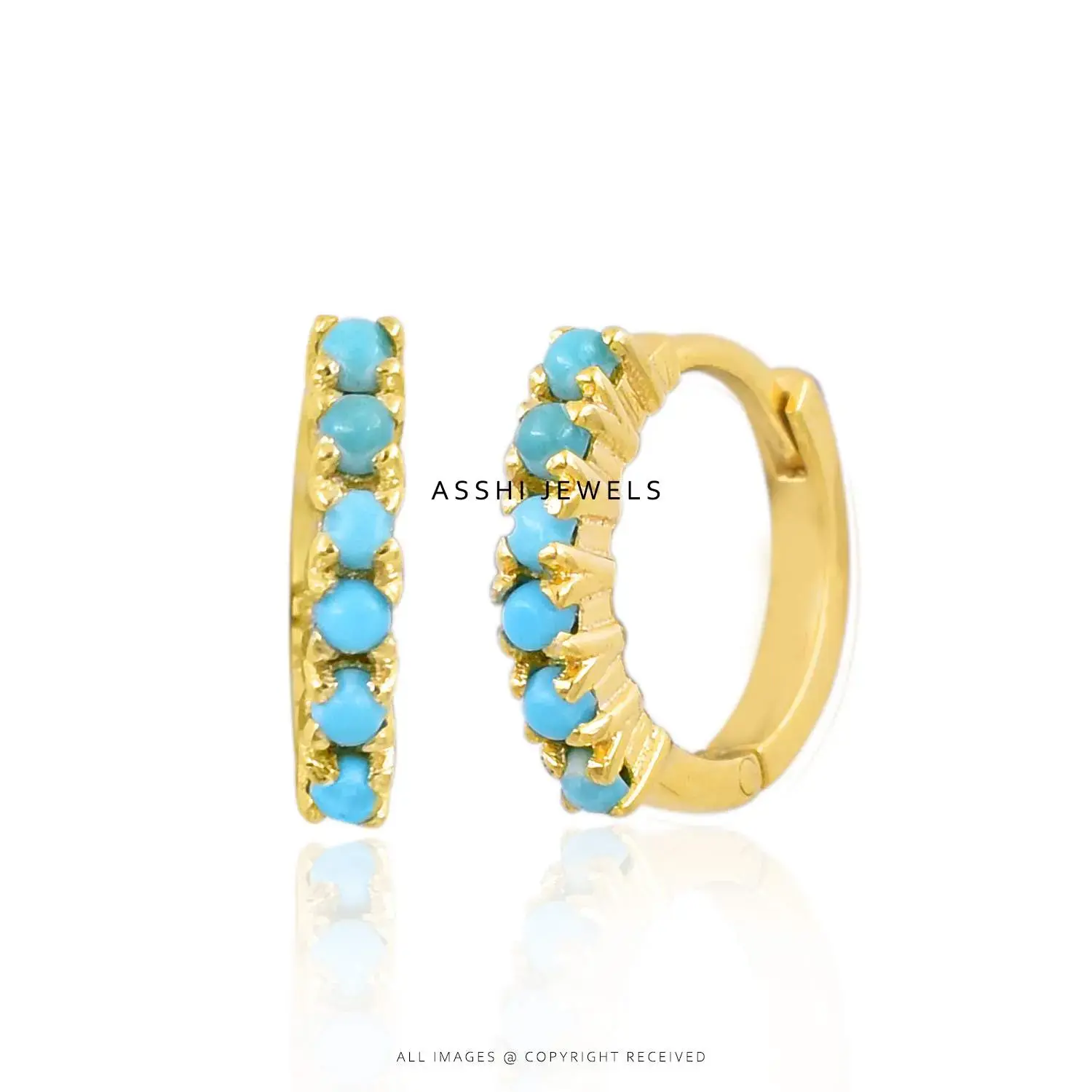 14K Yellow Gold Turquoise Tiny Hoop Earring Jewelry