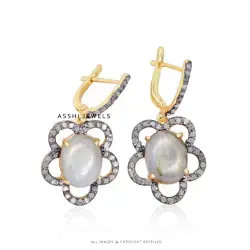 14K Yellow Gold Plated Moonstone Diamond Earring Jewelry