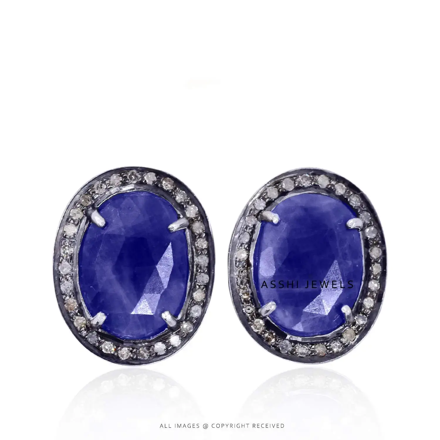 925 Silver Blue Sapphire & Diamond Stud Earring Jewelry 925 Silver Blue Sapphire & Diamond Stud Earring Jewelry