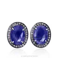 925 Silver Blue Sapphire & Diamond Stud Earring Jewelry