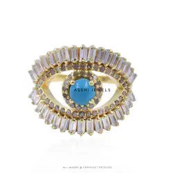 14K Yellow White Cubic Zirconia Baguette Diamond Turquoise Evil Eye Ring Jewelry