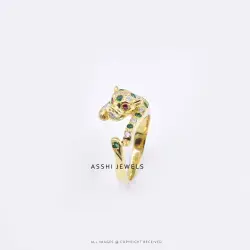 14k Yellow Gold Plated Green & White Topaz Panther Ring Jewelry