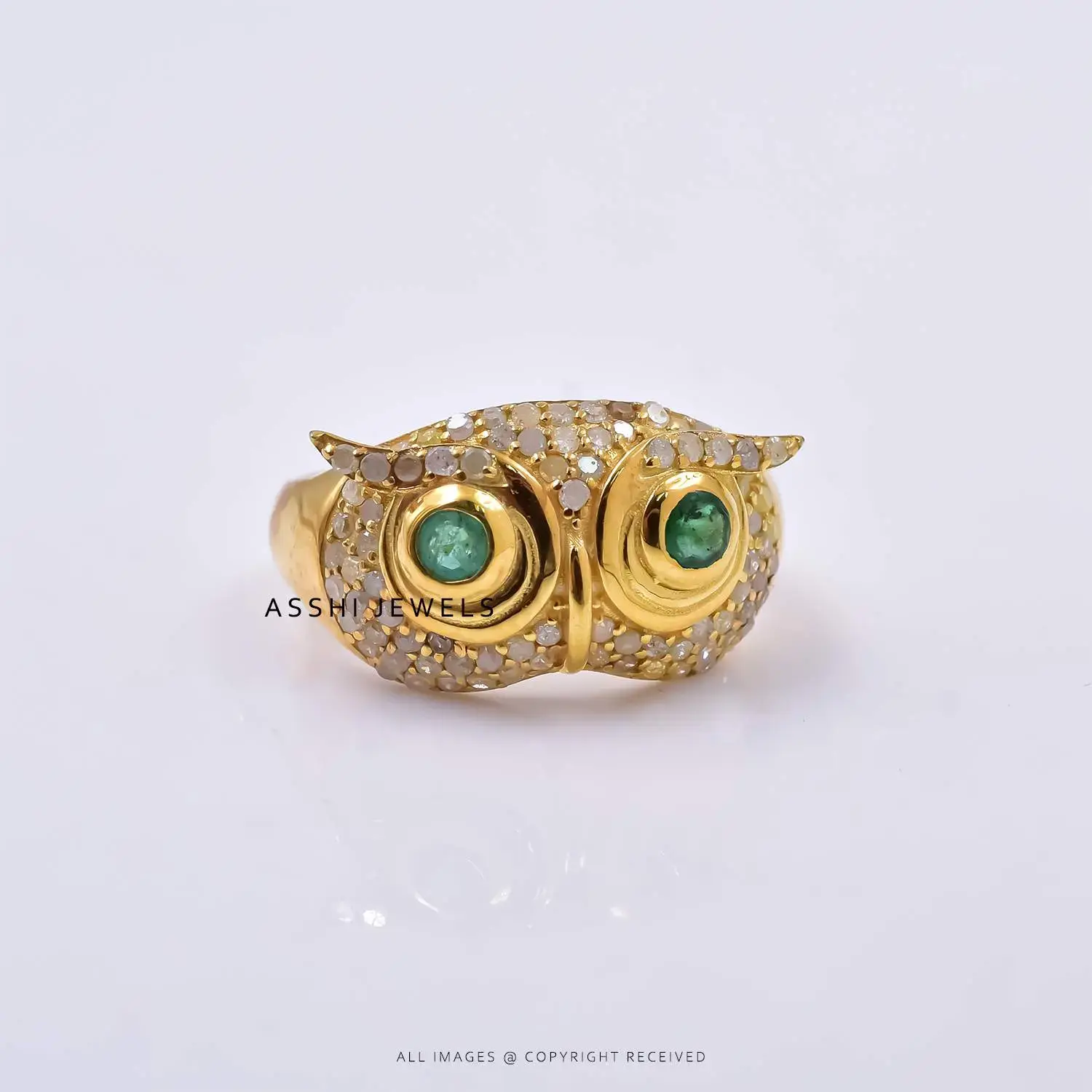 14K Yellow Gold Plated Emerald Eye Diamond Owl Ring Jewelry