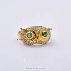 14K Yellow Gold Plated Emerald Eye Diamond Owl Ring Jewelry