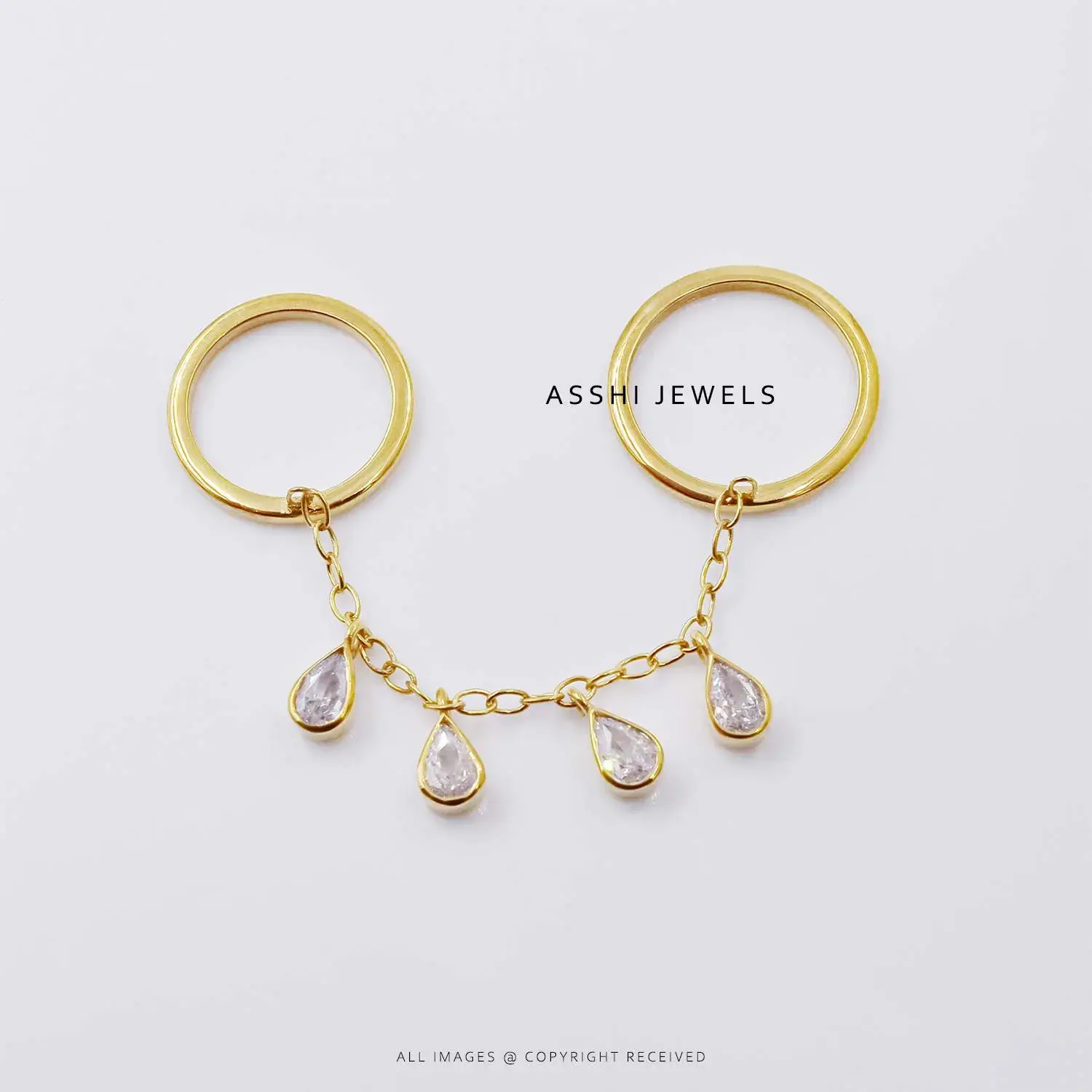 14k Yellow Gold Plated Two Finger Chain Ring Drop Chain Ring Drop Jewelry