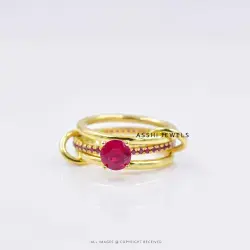 14K Yellow Gold Plated Ruby 3 Set Ring Ruby Cubic Zirconia in Center Jewelry
