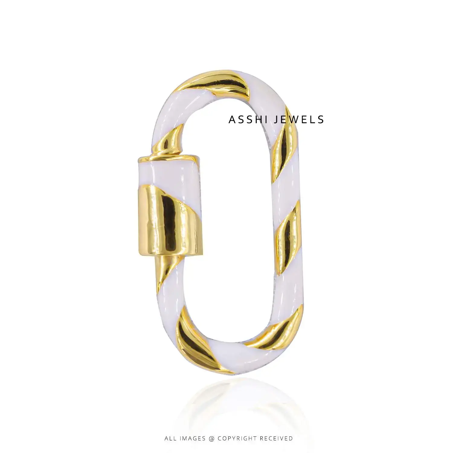 14K Yellow Gold Plated Twisted White  Enamel Carabiner Jewelry