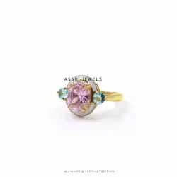 925 Sterling Silver Pink Tourmaline & Ceylon Blue Topaz Ring in Yellow Gold Plated  Jewelry