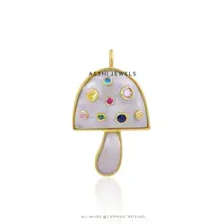 Moonstone & Multi Cubic Zirconia Mushroom Pendant, Yellow Gold Plated 925 Sterling Silver Jewelry