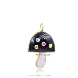 Black Onyx Moonstone Multi CZ Mushroom Gold Plated Silver