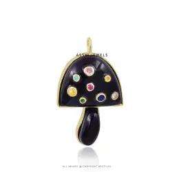 Black Onyx & Multi CZ Mushroom Pendant Gold Plated Silver