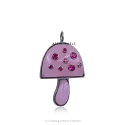 Pink CZ & Rose Quartz Mushroom Charm Pendant in Gold Plated Sterling Silver