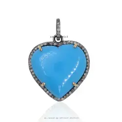 Turquoise & Diamond Heart Pendant – Sterling Silver Jewelry