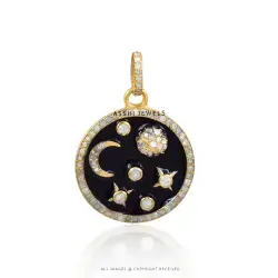 Enamel Moon & Star Pendant with Diamond – Silver Jewelry