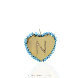 Elegant Silver N Initial Heart Pendant with Diamond & Turquoise