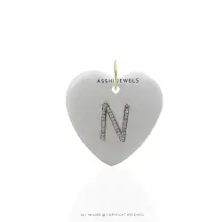 White Agate & Diamond N Letter Heart Pendant – Personalized Jewelry