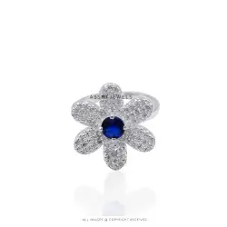 Blue & White CZ Floral Ring in 925 Sterling Silver