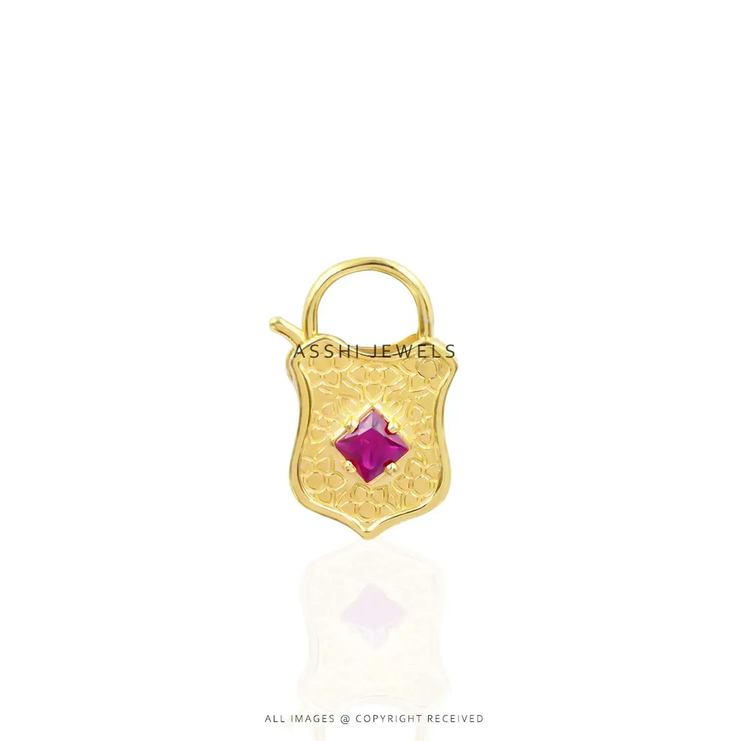 Ruby CZ Engraved Padlock in 925 Silver